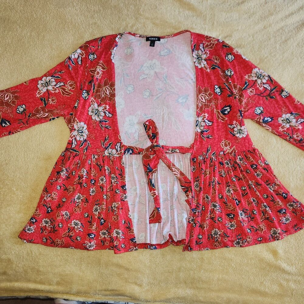 TORRID Size 2 Orange Floral Knit Babydoll Jacket Self-tie closure 3/4 Sleeve
